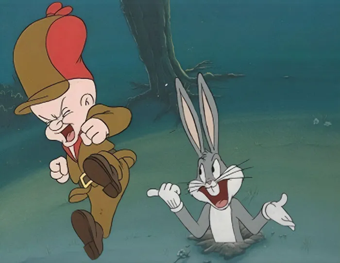 Animated duo in the forest, featuring a hunter and a rabbit in a playful scene.