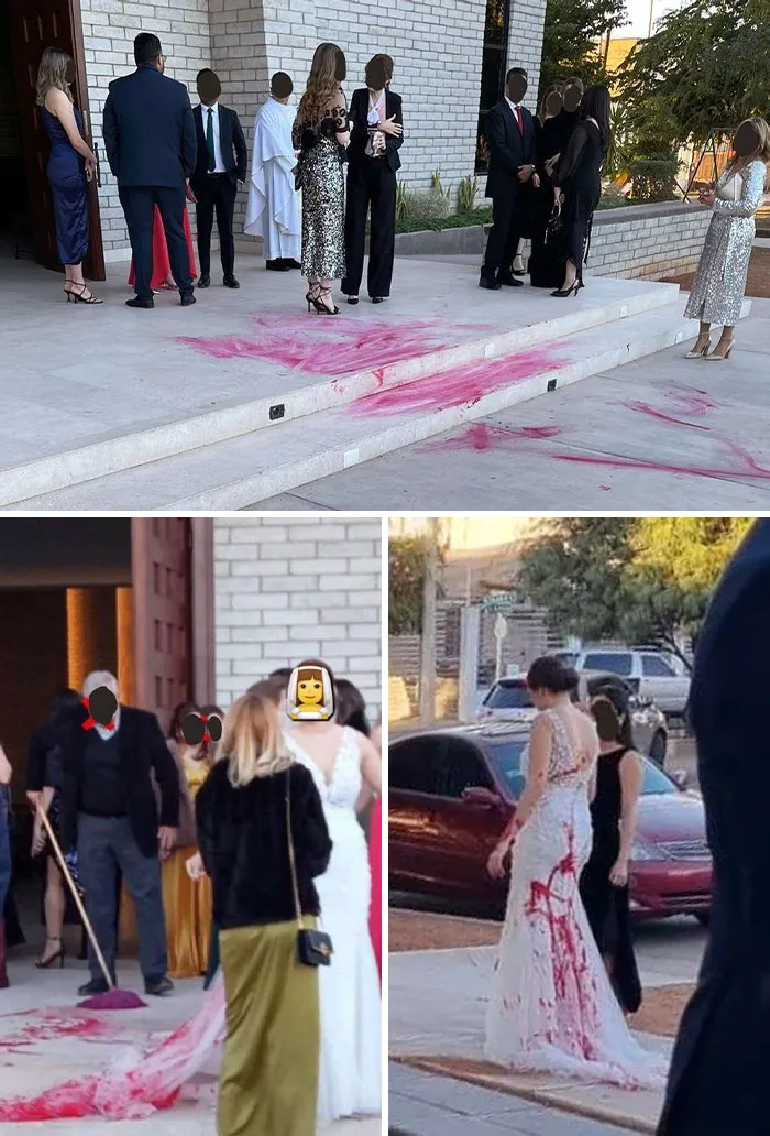 La suegra contrató a alguien para que echara pintura roja en el vestido de la novia