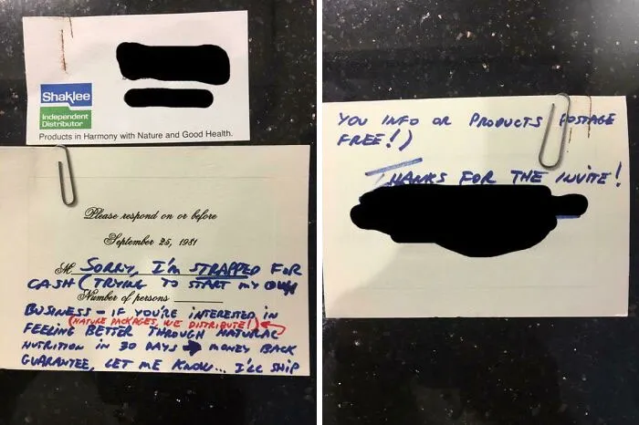 Mi madre estaba revisando sus recuerdos de boda y encontró esta tarjeta de respuesta de un familiar. ¿Cómo de cutre puedes llegar a ser?