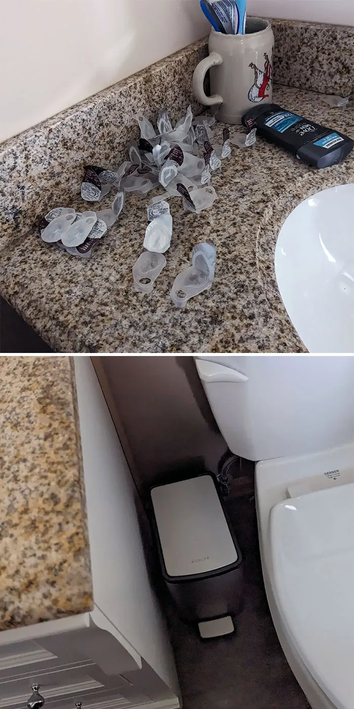My Husband's Empty Contact Cases. And The Garbage 2 Ft Away