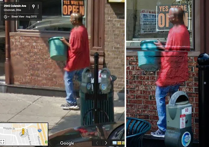 20 Images Of People Captured On Google Street View Got Placed At Original Locations By This Artist