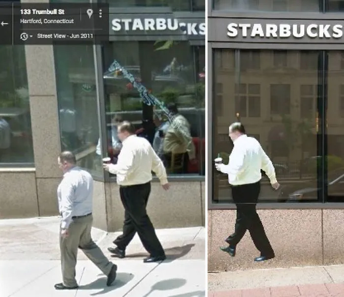 20 Images Of People Captured On Google Street View Got Placed At Original Locations By This Artist