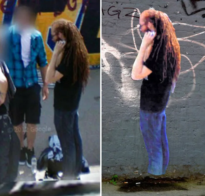 20 Images Of People Captured On Google Street View Got Placed At Original Locations By This Artist