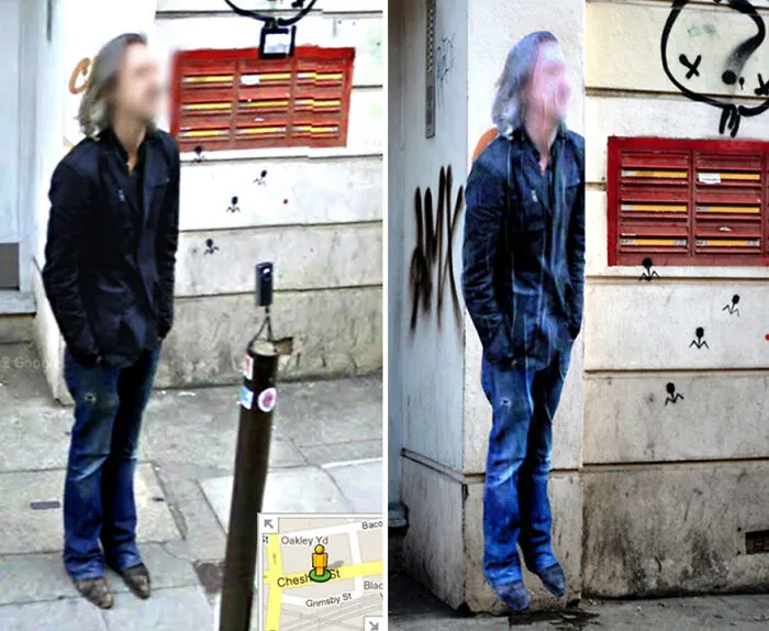 20 Images Of People Captured On Google Street View Got Placed At Original Locations By This Artist
