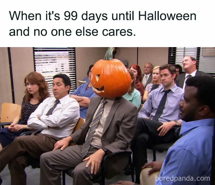 Person in office with pumpkin head, eager for Halloween; fall memes capture excitement.