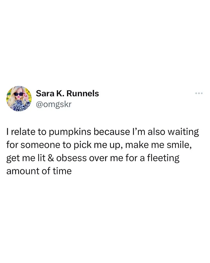 A fall meme humorously compares personal feelings to pumpkins, capturing cozy seasonal vibes.