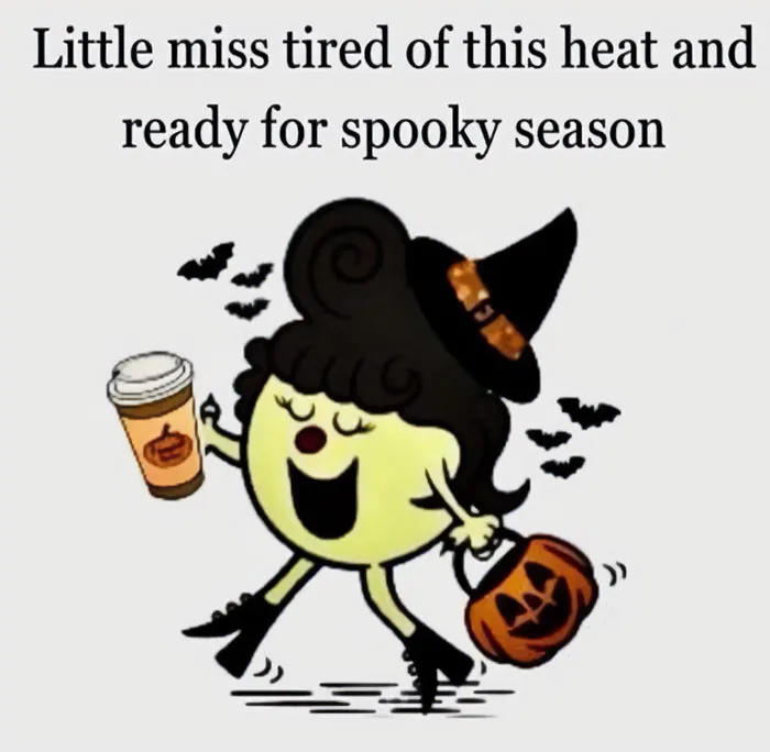 Cartoon character in witch hat with pumpkin spice drink and jack-o-lantern, eager for cozy fall vibes and Halloween.