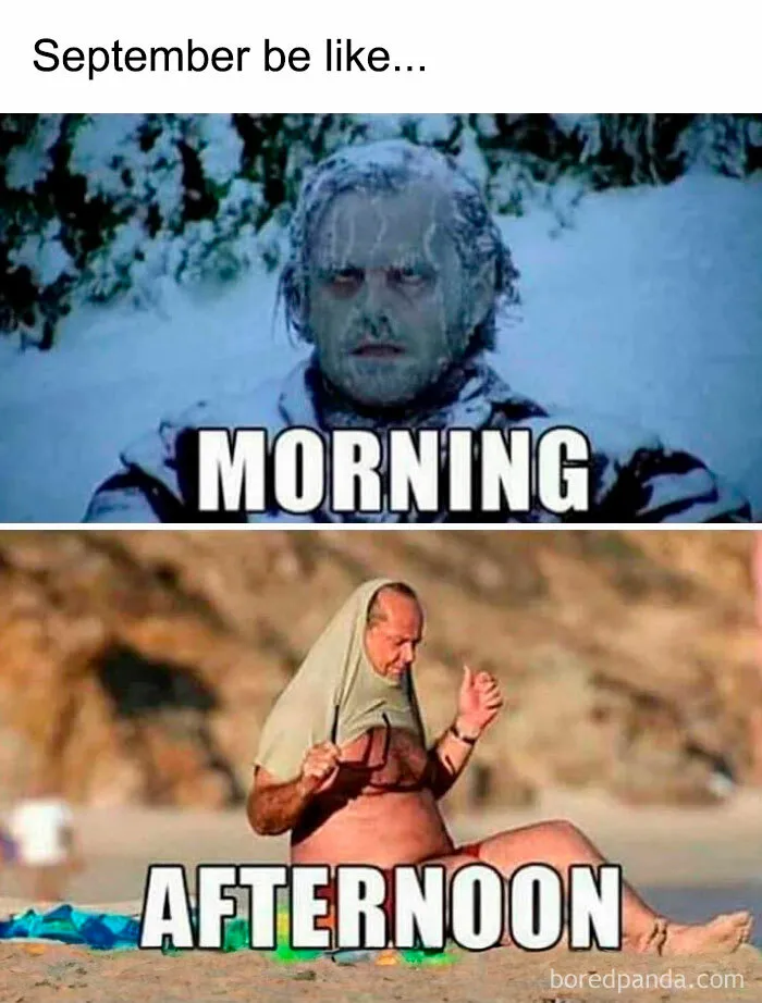 Fall meme showing September's mood swings: frozen morning and hot afternoon on the beach, capturing cozy vibes.
