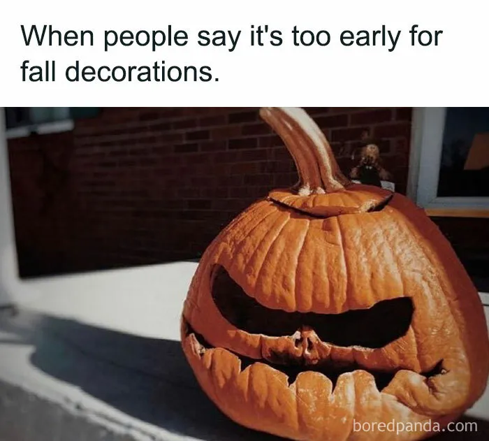 Grumpy pumpkin meme showing frustration when told it's too early for fall decorations, capturing cozy fall vibes.