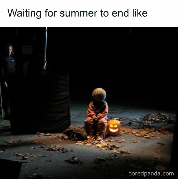 Person in costume with a jack-o-lantern, text reads "Waiting for summer to end," capturing cozy fall vibes.