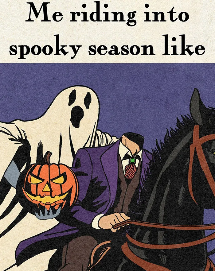 Headless horseman holding a pumpkin with a ghost, capturing a freakishly hilarious Halloween vibe.