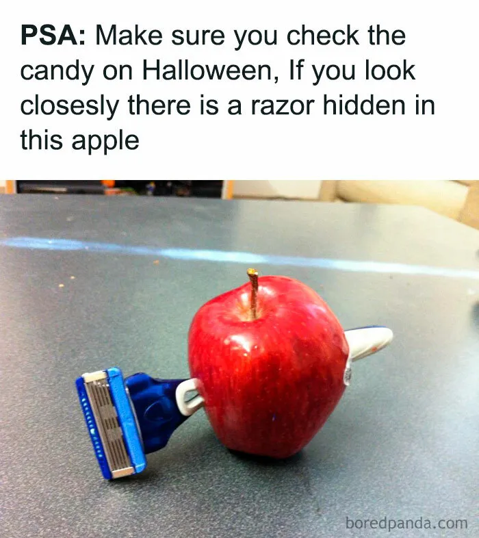 Halloween meme with a razor stuck in an apple, warning to check candy.