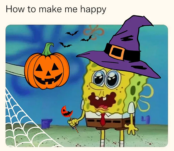 SpongeBob in a witch hat with a pumpkin, bats, and a lollipop, featuring Halloween meme humor.