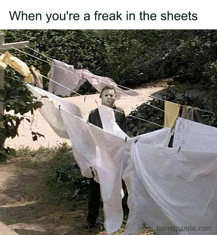 Halloween meme with a masked figure standing among laundry on a clothesline, captioned "When you're a freak in the sheets."
