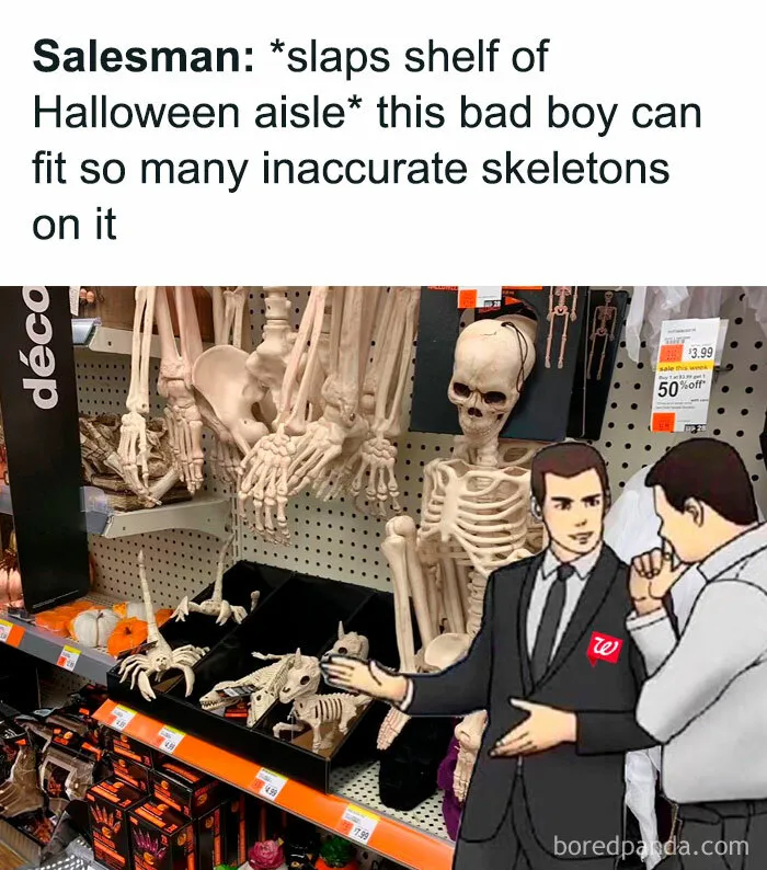 Salesman humorously showcases shelf of Halloween skeleton decorations with a meme caption.