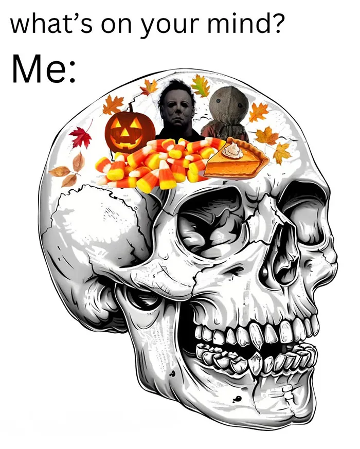 Skull filled with Halloween memes elements: candy, pumpkin, pie, and horror character heads.