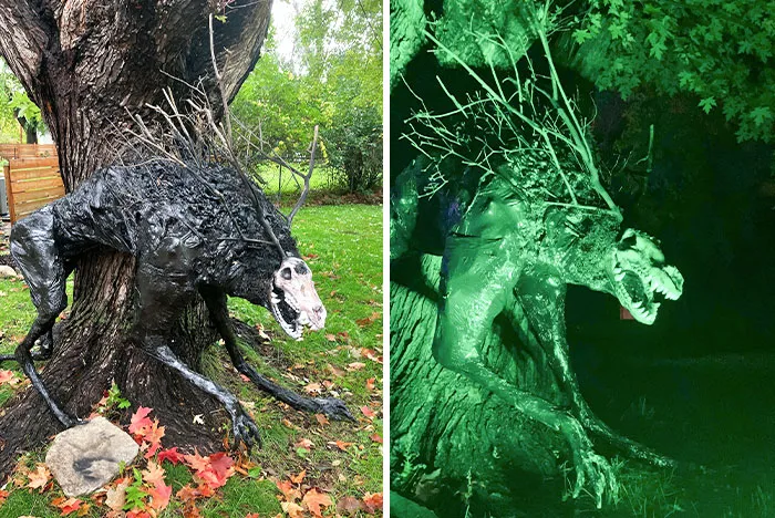 Her Name Is Wendy And She Is Made Of PVC, Trash Styrofoam, A Few Cans Of Expansion Foam, Black Plastic Bags, Sticks, And A Unicorn Skull From Joann's