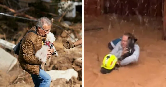 Brave Woman Holds On To Her Dog In Neck-Deep Floodwater As They Wait For Rescue Helicopter