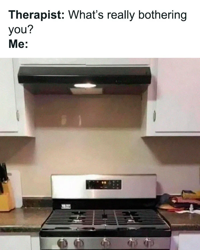 Cringeworthy design fail showing a stove with a vent cover but no exhaust vent, accompanied by humorous text.