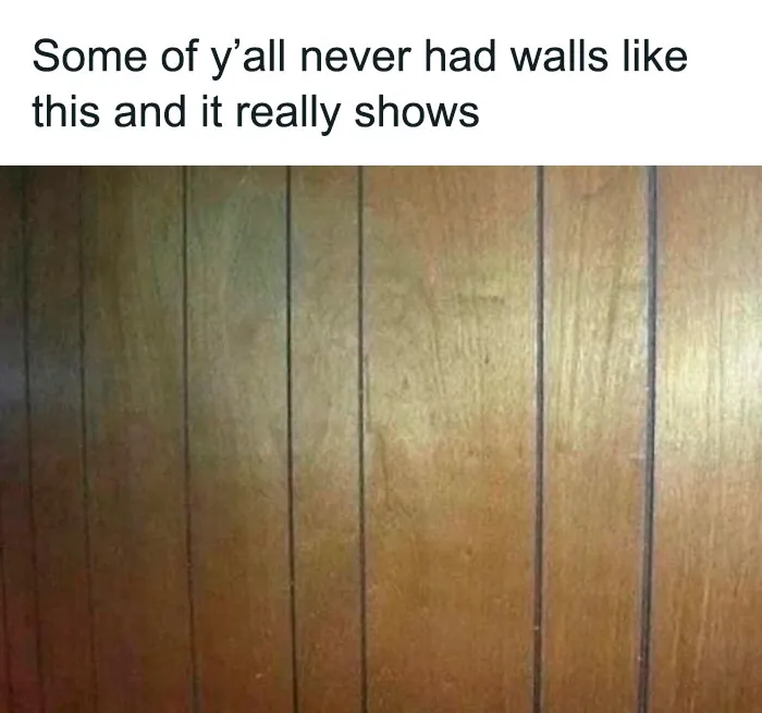 Wood paneled wall with humorous text overlay, highlighting cringeworthy design.