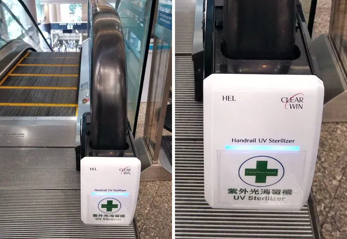 Este esterilizador ultravioleta de pasamanos en una escalera mecánica de Hong Kong