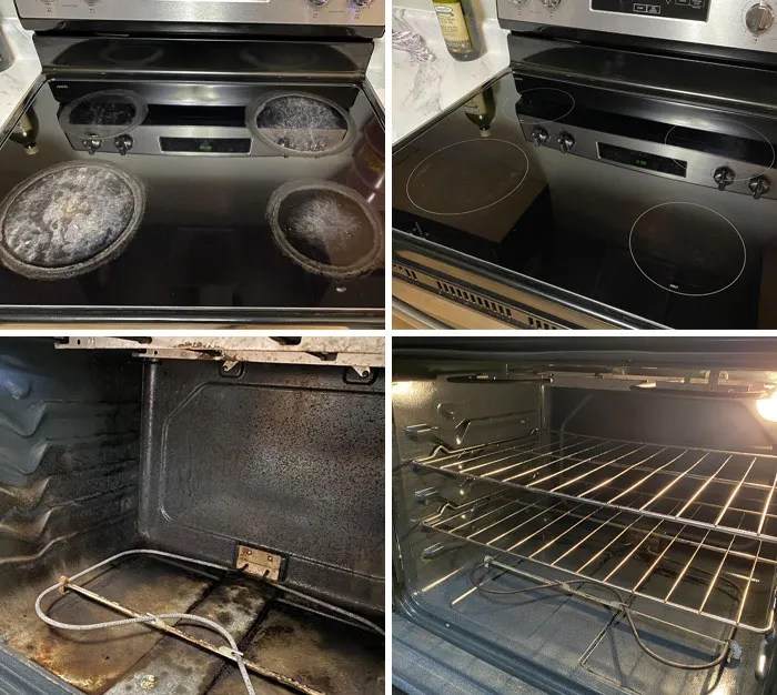 Before-after-cleaning pictures of oven surfaces, showing dramatic transformation from dirty to sparkling clean.