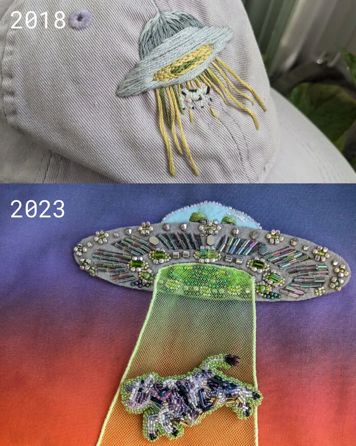 Embroidered UFO designs on fabric showing evolution in embroidery designs from 2018 to 2023 with detailed stitching and beadwork.