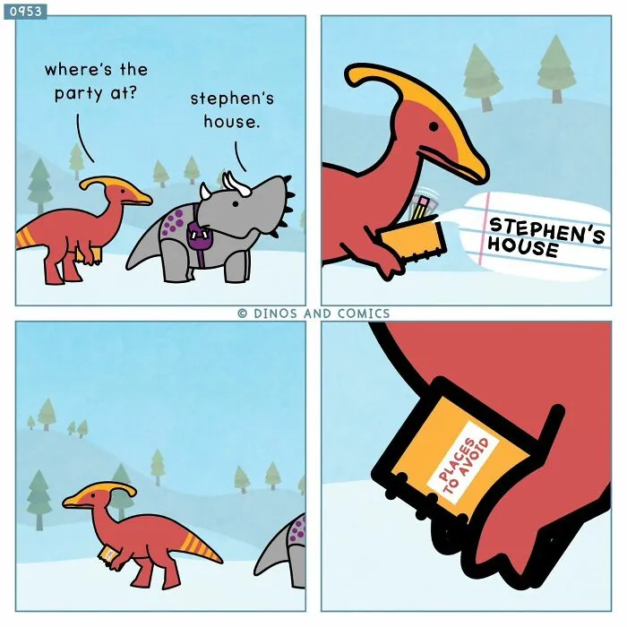 Dinosaur Couch comic about avoiding a party at Stephen's house, a humorous take on complex emotions.