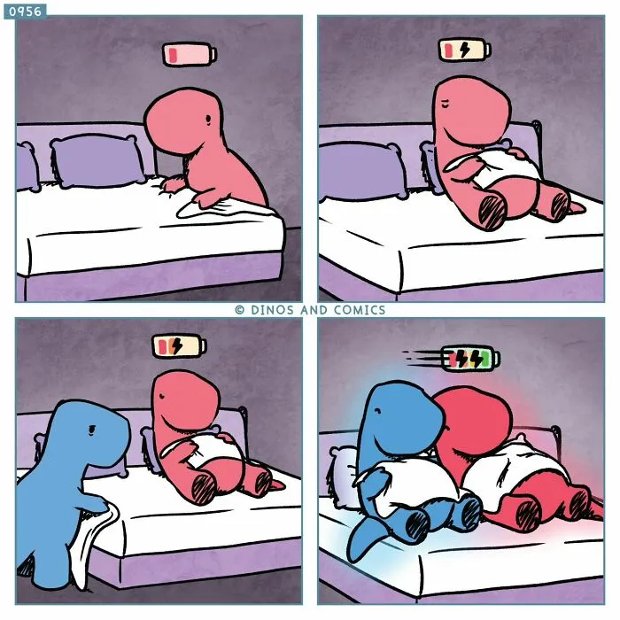 Dinosaur Couch comic depicting one dinosaur recharging on a bed, and another joining, symbolizing support for mental health.