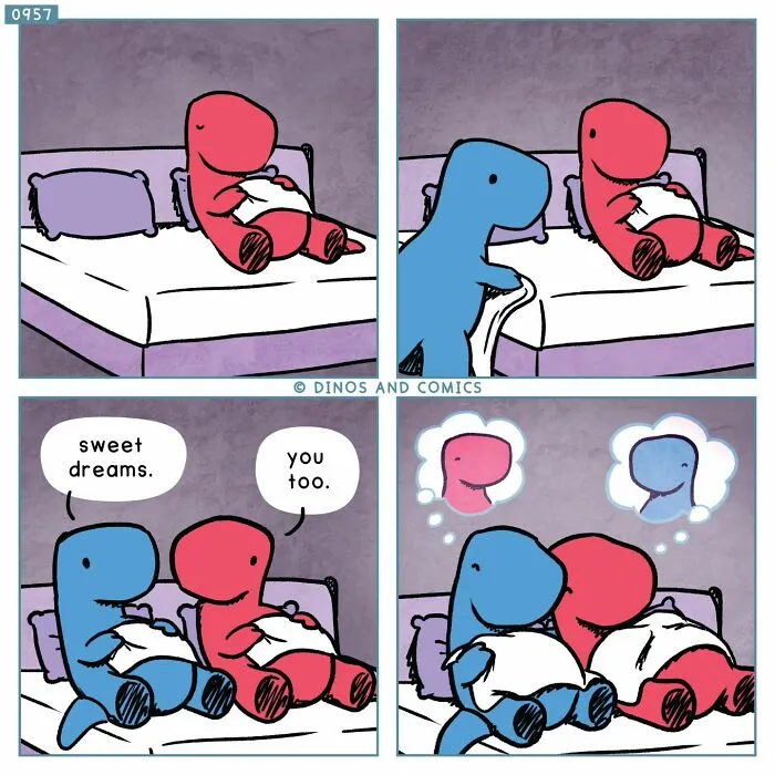 Dinosaur Couch comic of two dinosaurs in bed saying goodnight, conveying sweet dreams and exploring complex emotions.