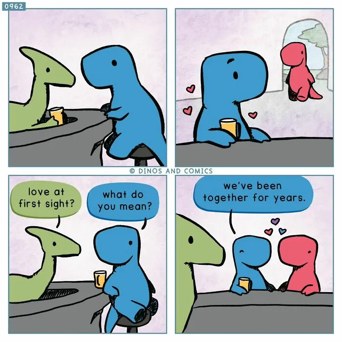 Dinosaur Couch comic with a green dinosaur asking a blue dinosaur about love at first sight, exploring complex emotions.
