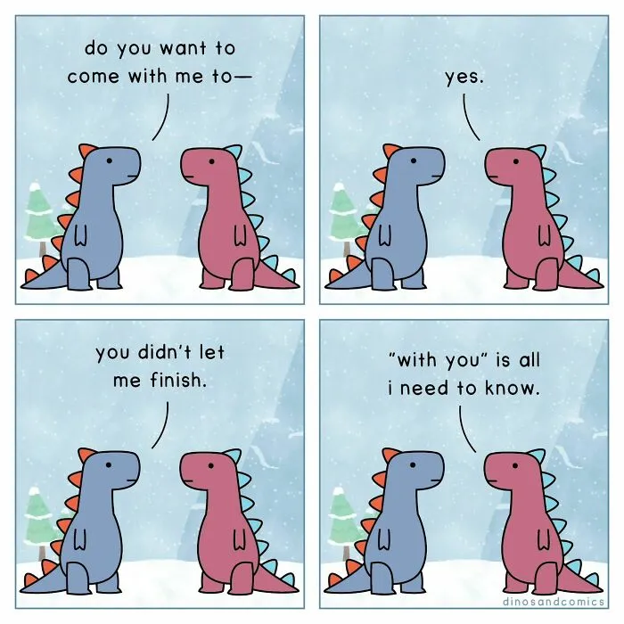A blue dinosaur telling a pink dinosaur yes before it finishes speaking, exploring complex emotions in a Dinosaur Couch comic.