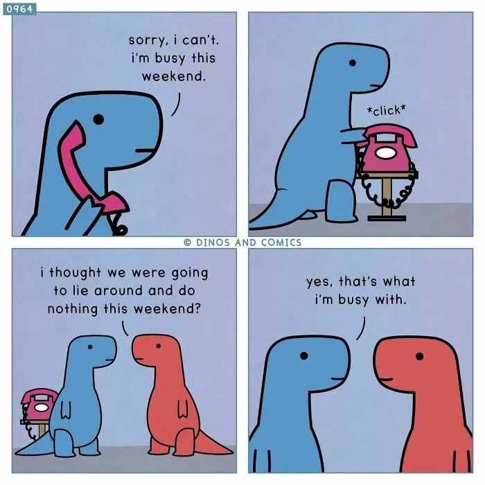 Dinosaur Couch comic depicting a blue dinosaur making a phone call, explaining being busy, and a red dinosaur for mental health.