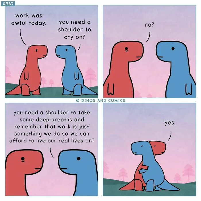 Dinosaur Couch comic featuring a red dinosaur seeking a shoulder to cry on from a blue dinosaur for complex emotions.
