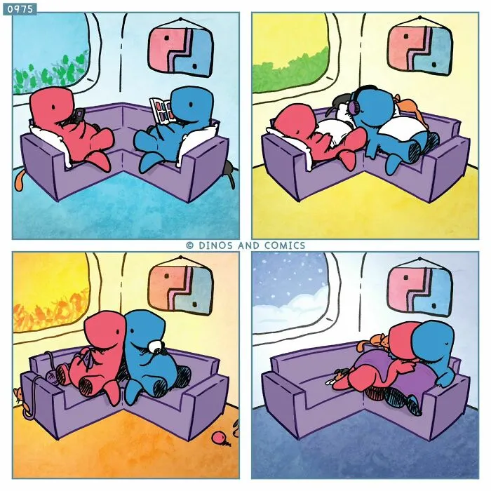 A dinosaur couch comic showing two dinosaurs enjoying activities together, symbolizing complex emotions.