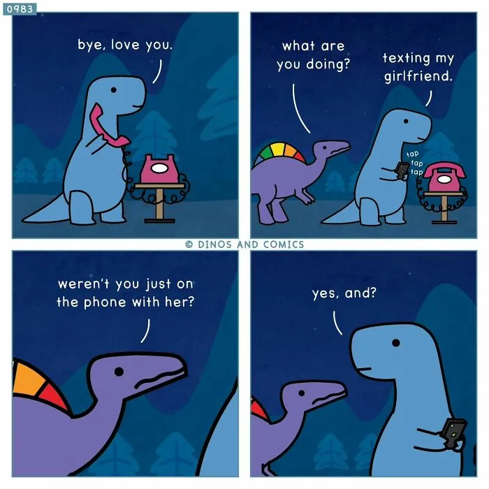 Blue dinosaur talking on the phone, then texting its girlfriend, exploring complex emotions and mental health in a Dinosaur Couch comic.