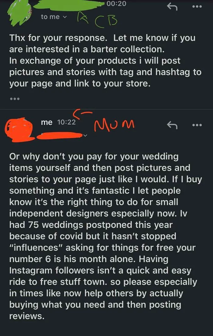 My Mum Is An Artificial Florist And Had An ‘Influencer’ With 70k Followers Ask For Free Wedding Flowers For Exposure