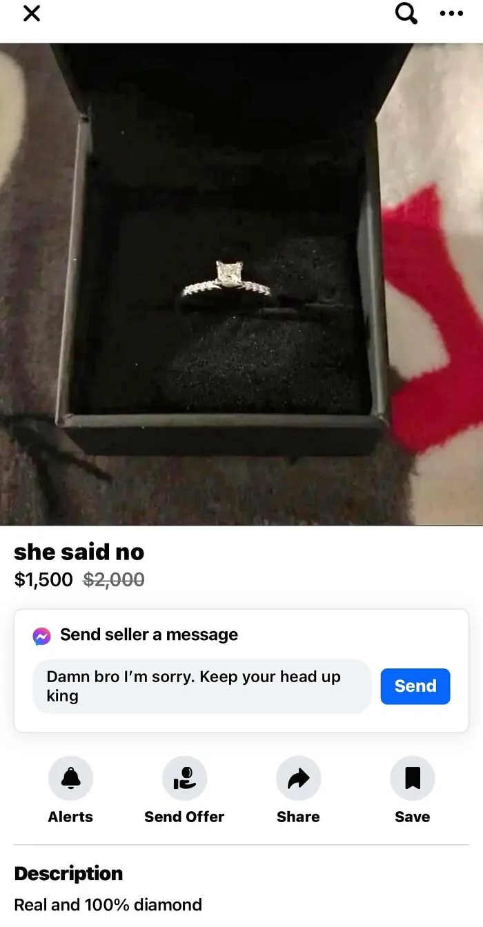 Diamond ring in a box for sale after a rejected proposal, showcasing regretful spending.
