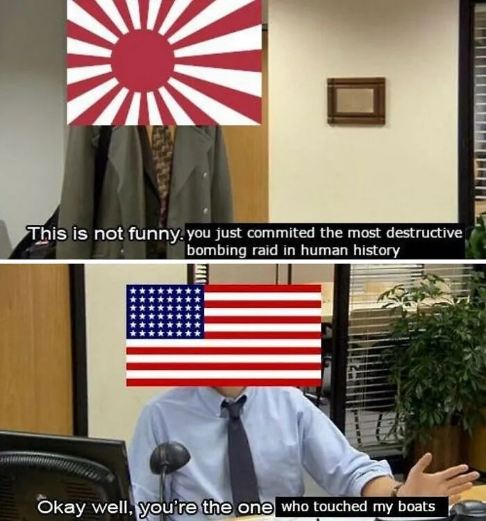 Japanese and American flags as heads in a meme format, depicting a humorous historical exchange.