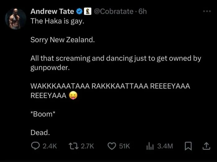 Tweet from Andrew Tate criticizing Haka dance in tough guys article
