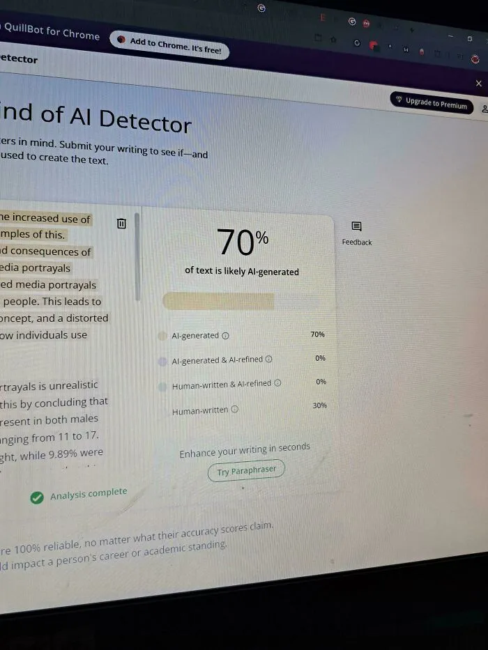 AI detector showing 70% likelihood of AI-generated text, infuriatingly inaccurate results on screen.