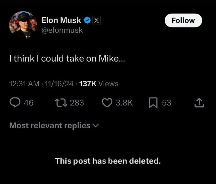 Deleted tweet screenshot by Elon Musk in tough guys context