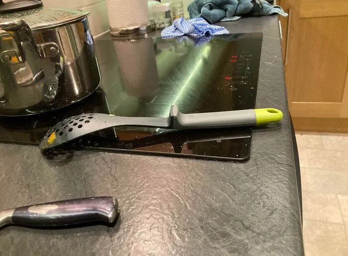 I Bought A Spoon With A Built In Rest That Keeps The End Up Because My BF Always Makes A Mess With Them. This Is How He's Left It