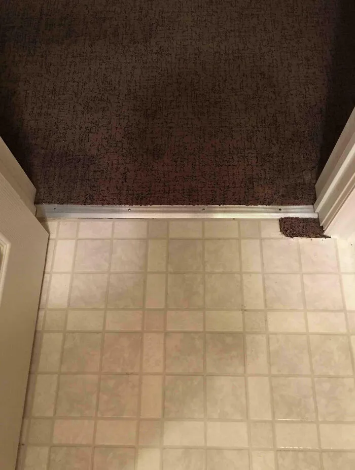 Home improvement fail with mismatched carpet and tile flooring at a doorway, showcasing a cut corner.