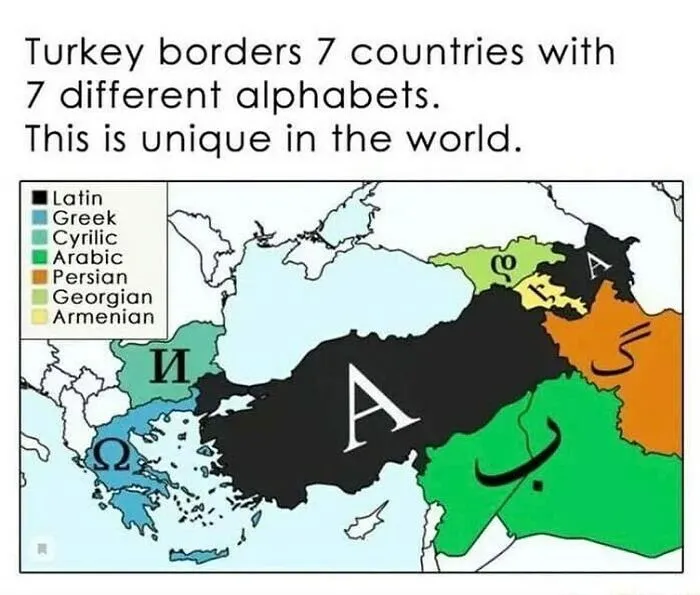 Did You Know That Turkey Borders 8 Countries With 7 Different Alphabets?  This Map Shows How Turkey Is A Bridge Between Different Cultures And Civilizations