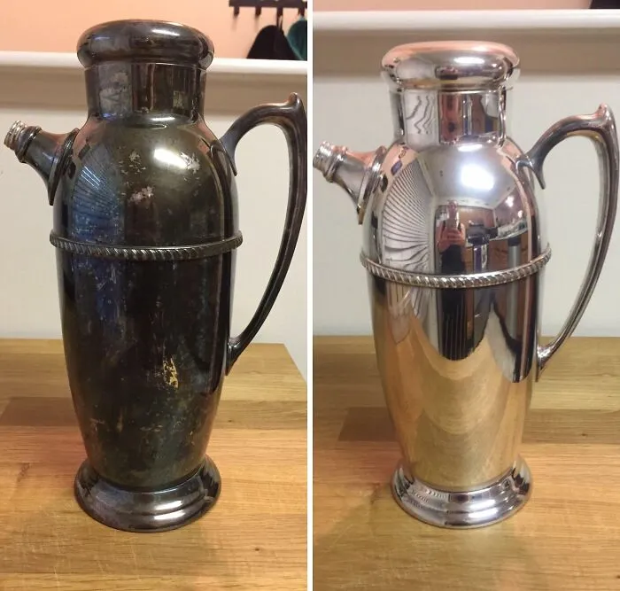 Una coctelera de plata de mediados de siglo por 7 dólares. Miren lo que puede hacer un poco de pulidor