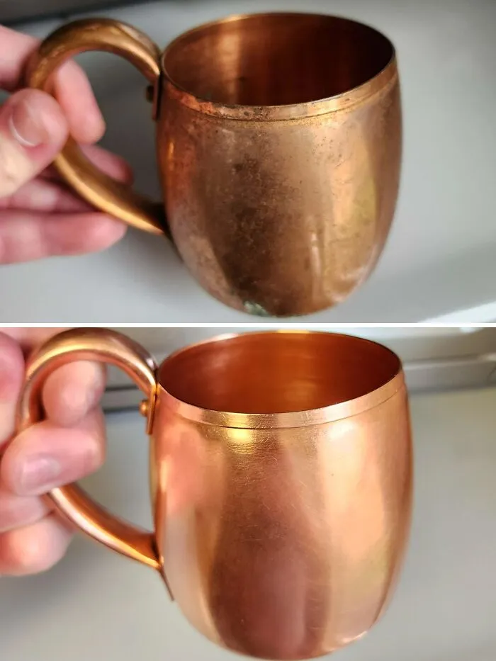 Before and after cleaning pictures of a copper mug, showing tarnished and polished surfaces.