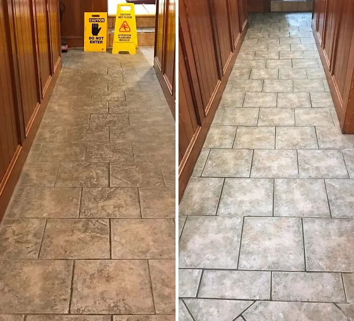 Before-after-cleaning-pictures of a tiled hallway floor, showing a dramatic transformation in cleanliness and color.