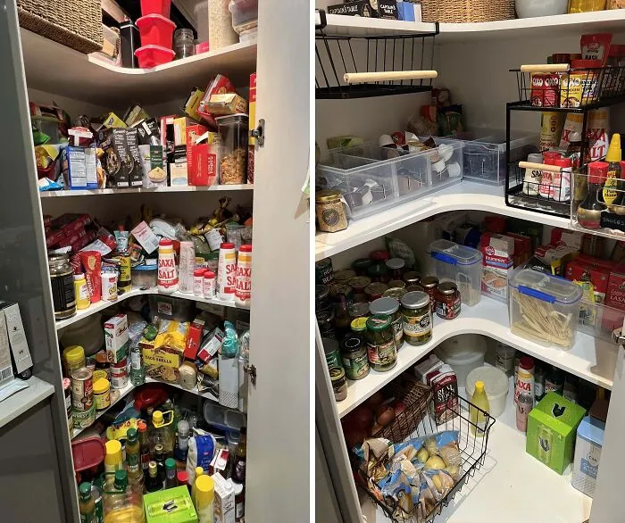 Before-after cleaning pictures of a pantry, showing cluttered shelves transformed into an organized space with neatly arranged items.