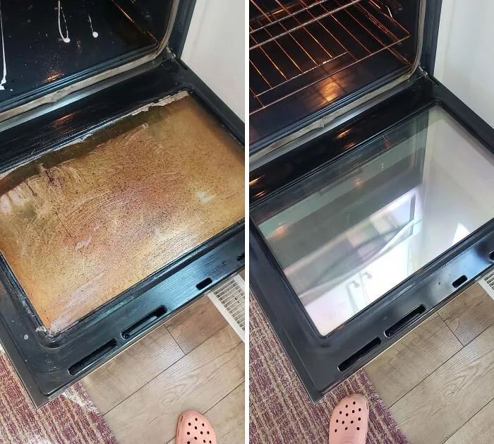 Before-after-cleaning-pictures of an oven door showing dramatic cleanliness improvement.